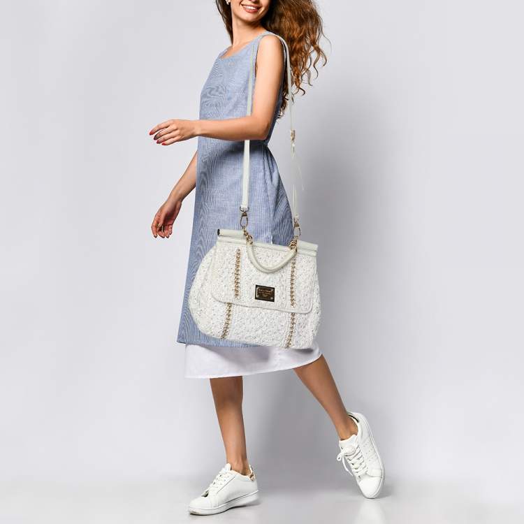Pre Owned Dolce & Gabbana White Crochet Straw and Leather Large Miss Sicily Top Handle Bag 