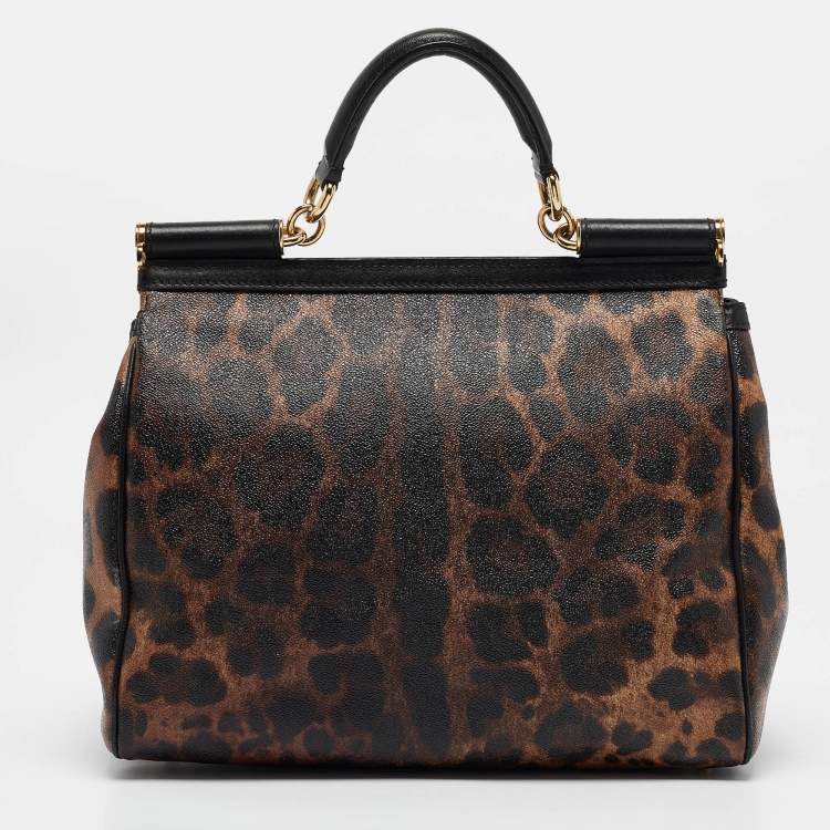 Pre Owned Dolce & Gabbana Black/Beige Leopard Print Coated Canvas and Leather Large Miss Sicily Top Handle Bag