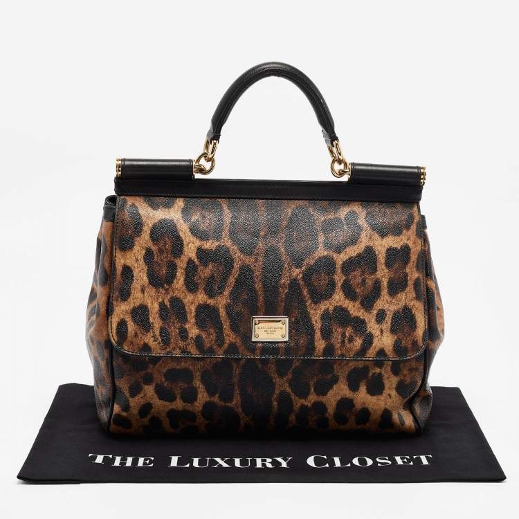 Pre Owned Dolce & Gabbana Black/Beige Leopard Print Coated Canvas and Leather Large Miss Sicily Top Handle Bag
