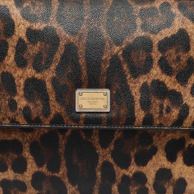 Pre Owned Dolce & Gabbana Black/Beige Leopard Print Coated Canvas and Leather Large Miss Sicily Top Handle Bag