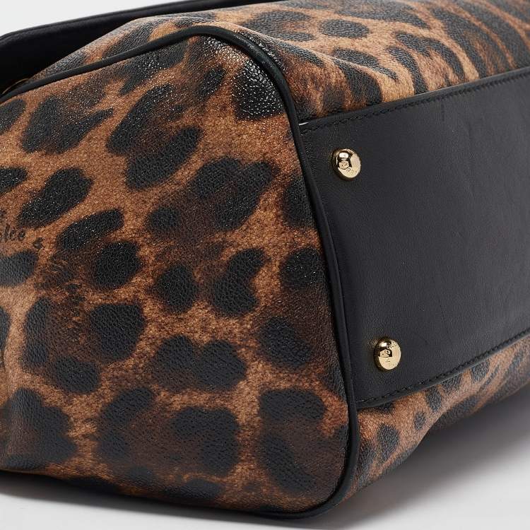 Pre Owned Dolce & Gabbana Black/Beige Leopard Print Coated Canvas and Leather Large Miss Sicily Top Handle Bag