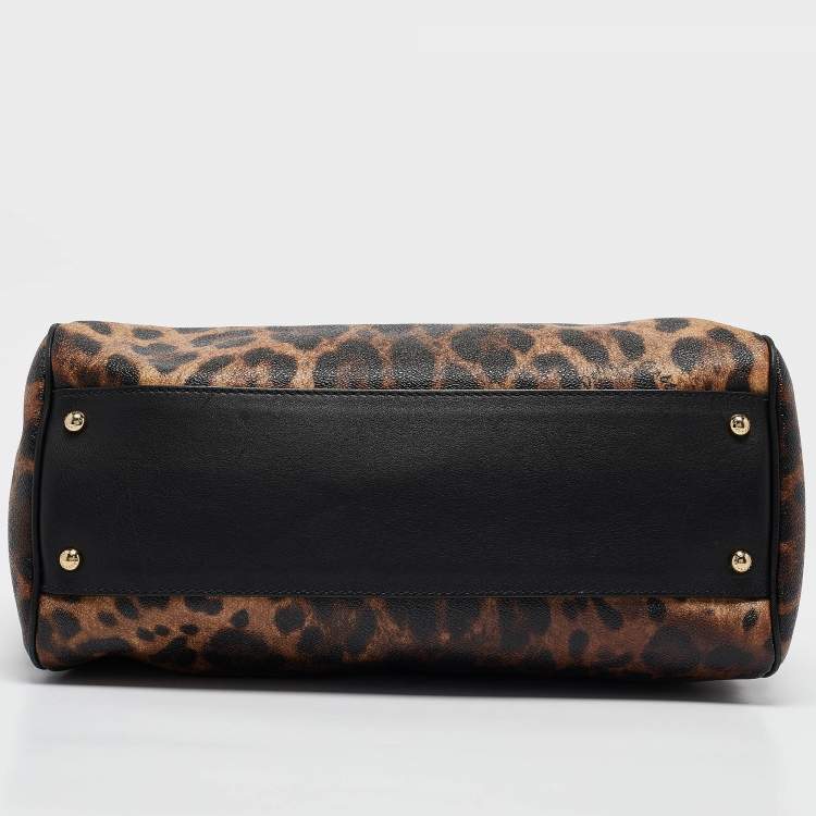 Pre Owned Dolce & Gabbana Black/Beige Leopard Print Coated Canvas and Leather Large Miss Sicily Top Handle Bag