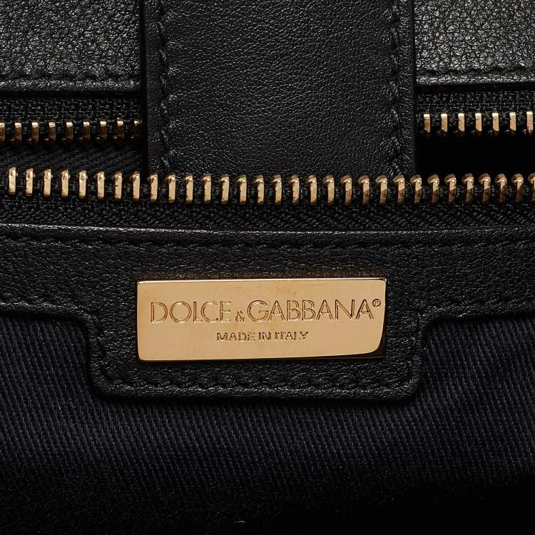 Pre Owned Dolce & Gabbana Black/Beige Leopard Print Coated Canvas and Leather Large Miss Sicily Top Handle Bag