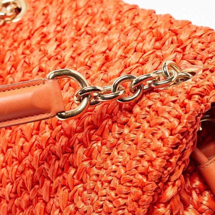 Pre Owned Dolce & Gabbana Orange Crochet Straw Padlock Top Handle Bag