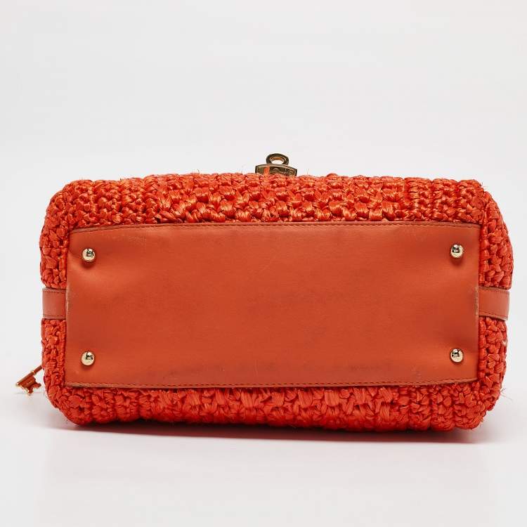 Pre Owned Dolce & Gabbana Orange Crochet Straw Padlock Top Handle Bag