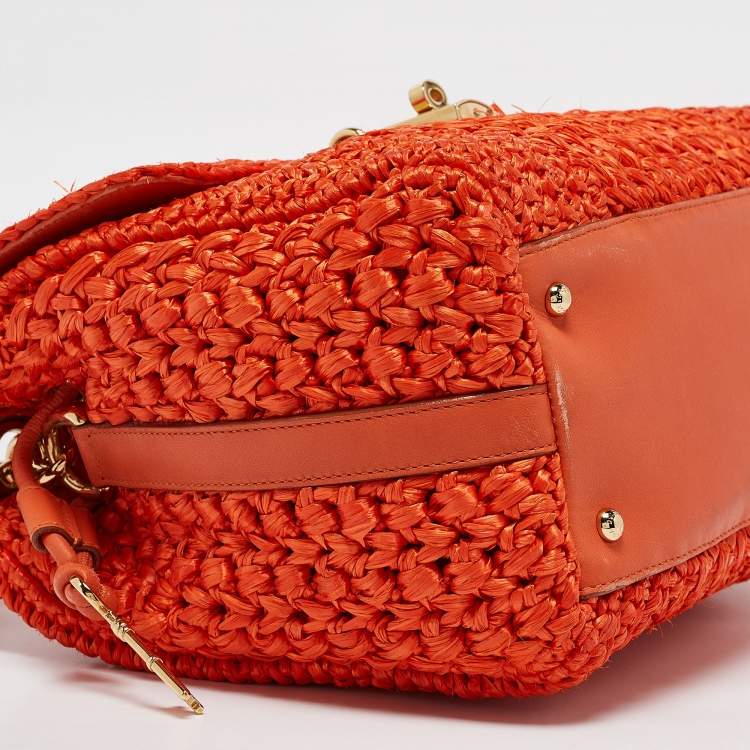 Pre Owned Dolce & Gabbana Orange Crochet Straw Padlock Top Handle Bag