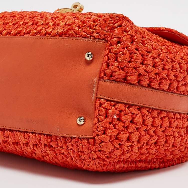 Pre Owned Dolce & Gabbana Orange Crochet Straw Padlock Top Handle Bag