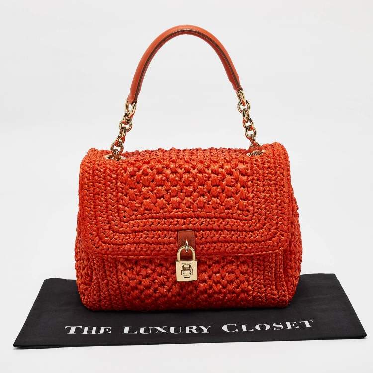 Pre Owned Dolce & Gabbana Orange Crochet Straw Padlock Top Handle Bag