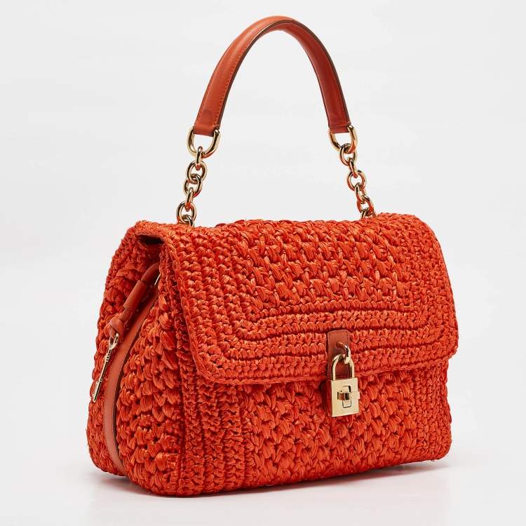 Pre Owned Dolce & Gabbana Orange Crochet Straw Padlock Top Handle Bag