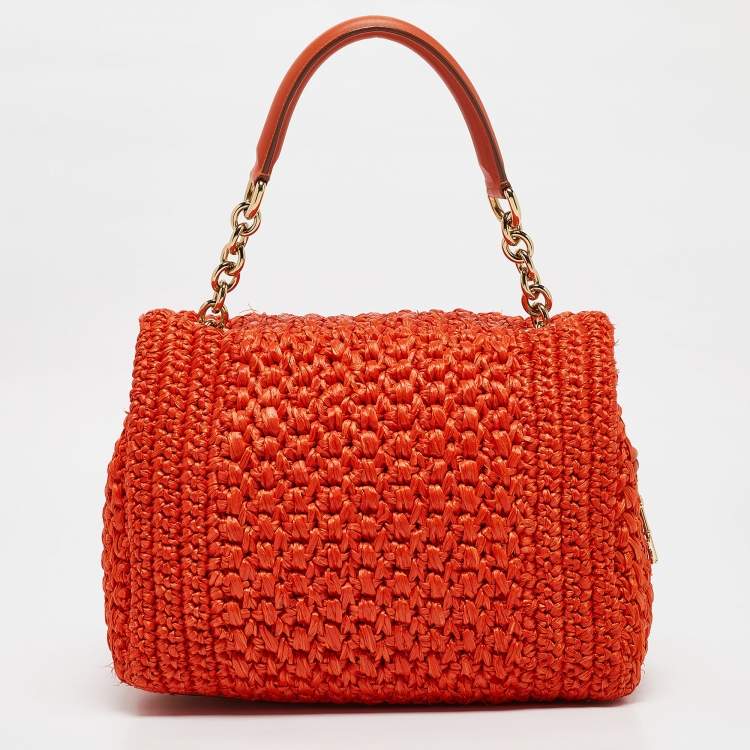 Pre Owned Dolce & Gabbana Orange Crochet Straw Padlock Top Handle Bag