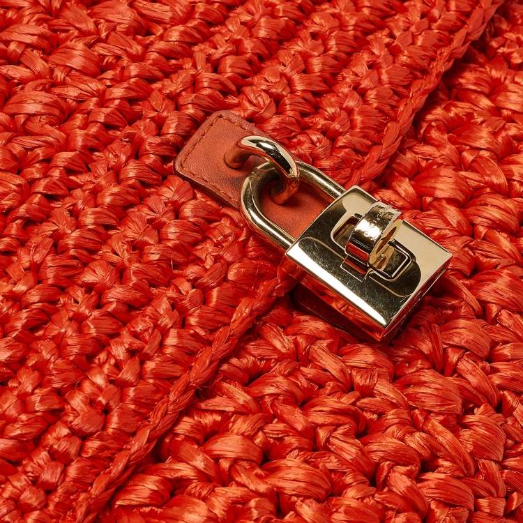 Pre Owned Dolce & Gabbana Orange Crochet Straw Padlock Top Handle Bag
