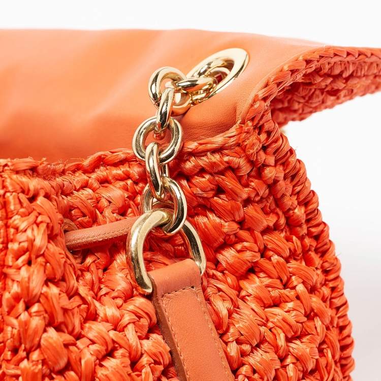 Pre Owned Dolce & Gabbana Orange Crochet Straw Padlock Top Handle Bag