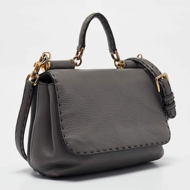 Pre Owned Dolce & Gabbana Grey Leather Miss Sicily Stitch Top Handle Bag