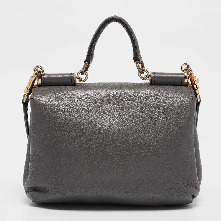 Pre Owned Dolce & Gabbana Grey Leather Miss Sicily Stitch Top Handle Bag