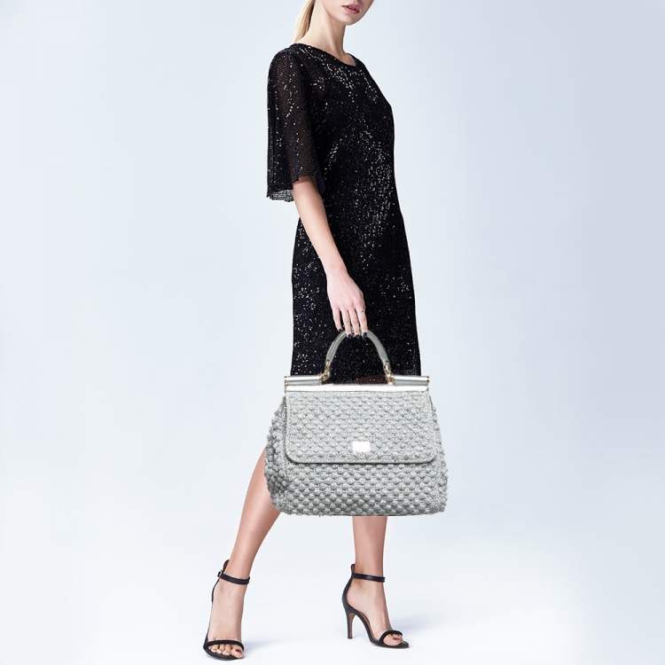 Pre Owned Dolce & Gabbana Silver Crochet Lurex Fabric and Leather Large Miss Sicily Top Handle Bag