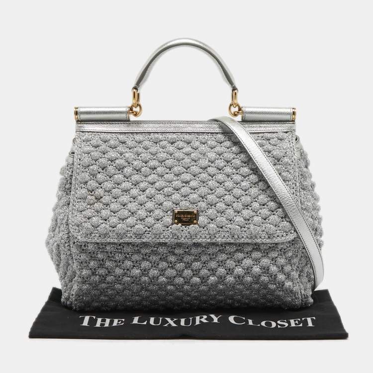 Pre Owned Dolce & Gabbana Silver Crochet Lurex Fabric and Leather Large Miss Sicily Top Handle Bag