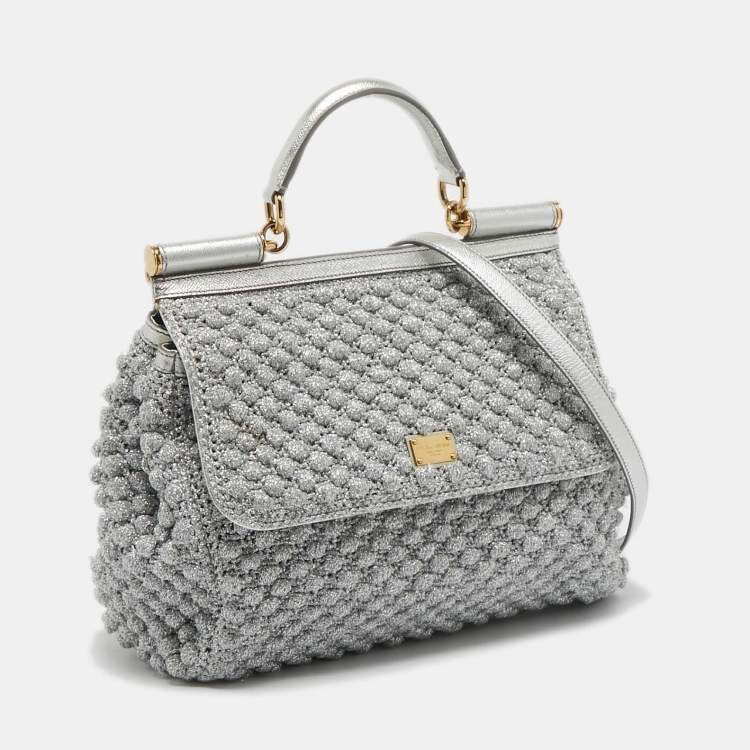 Pre Owned Dolce & Gabbana Silver Crochet Lurex Fabric and Leather Large Miss Sicily Top Handle Bag