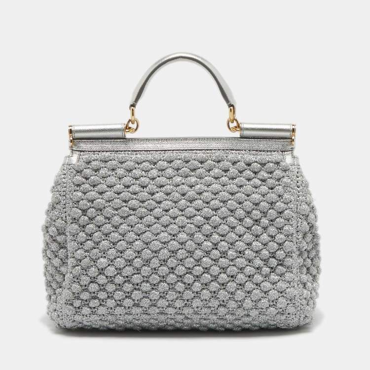 Pre Owned Dolce & Gabbana Silver Crochet Lurex Fabric and Leather Large Miss Sicily Top Handle Bag