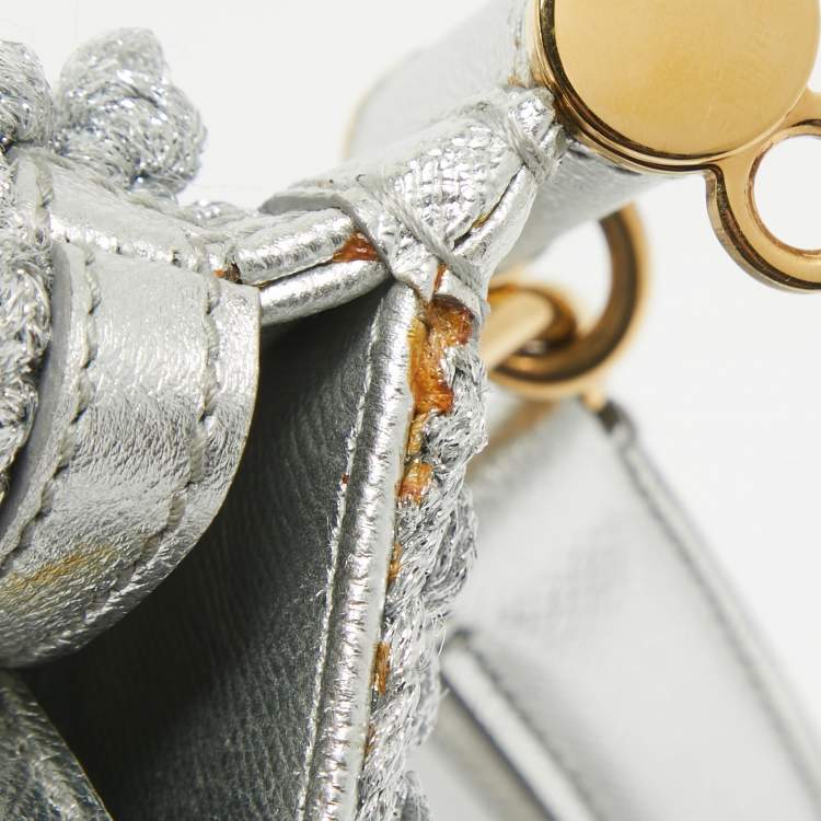 Pre Owned Dolce & Gabbana Silver Crochet Lurex Fabric and Leather Large Miss Sicily Top Handle Bag