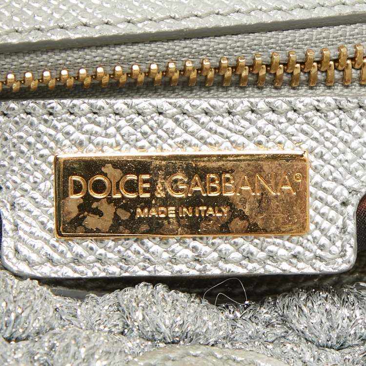 Pre Owned Dolce & Gabbana Silver Crochet Lurex Fabric and Leather Large Miss Sicily Top Handle Bag