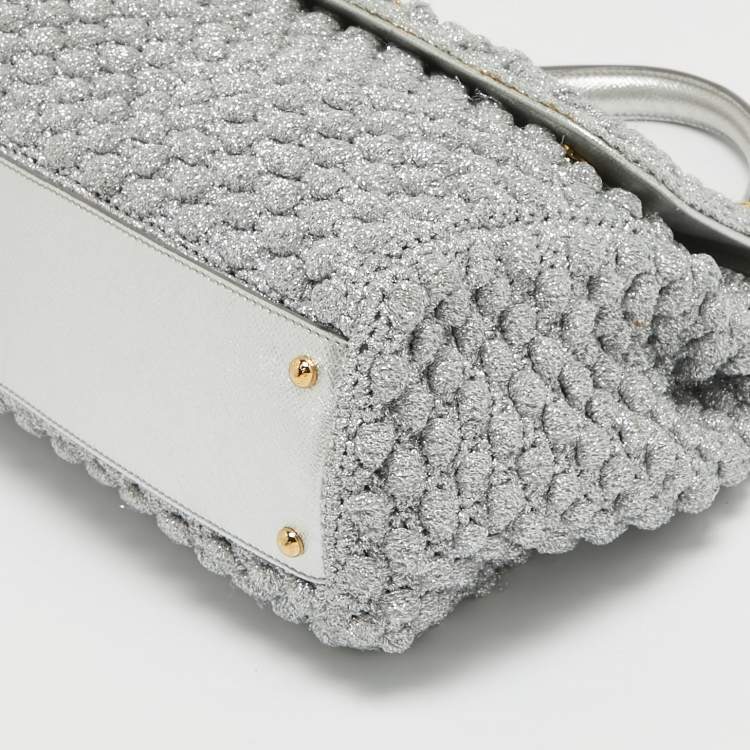 Pre Owned Dolce & Gabbana Silver Crochet Lurex Fabric and Leather Large Miss Sicily Top Handle Bag