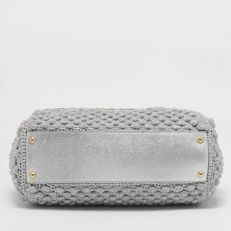 Pre Owned Dolce & Gabbana Silver Crochet Lurex Fabric and Leather Large Miss Sicily Top Handle Bag