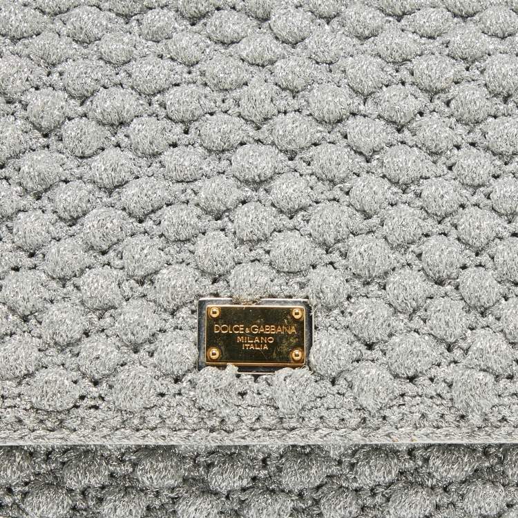 Pre Owned Dolce & Gabbana Silver Crochet Lurex Fabric and Leather Large Miss Sicily Top Handle Bag