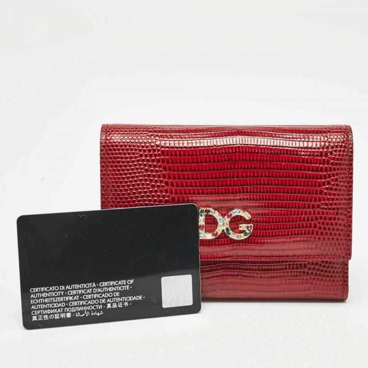 Pre Owned Dolce & Gabbana Red Lizard Embossed Leather DG Crystals Trifold Wallet