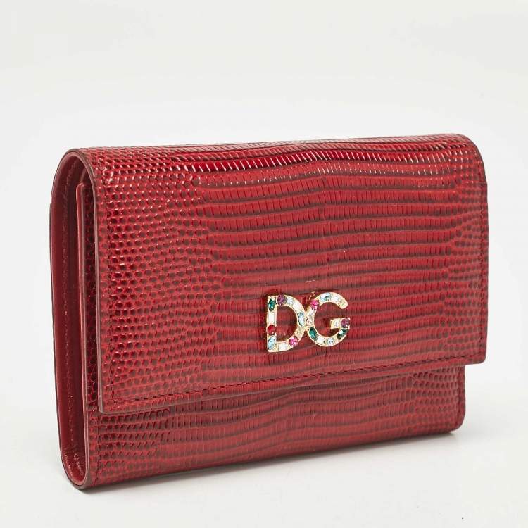 Pre Owned Dolce & Gabbana Red Lizard Embossed Leather DG Crystals Trifold Wallet