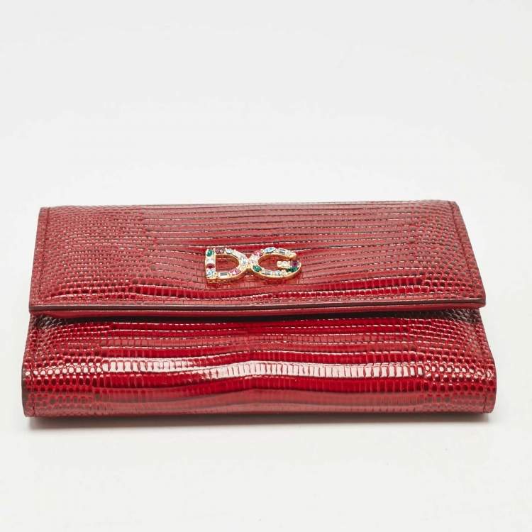 Pre Owned Dolce & Gabbana Red Lizard Embossed Leather DG Crystals Trifold Wallet