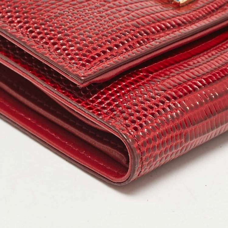 Pre Owned Dolce & Gabbana Red Lizard Embossed Leather DG Crystals Trifold Wallet