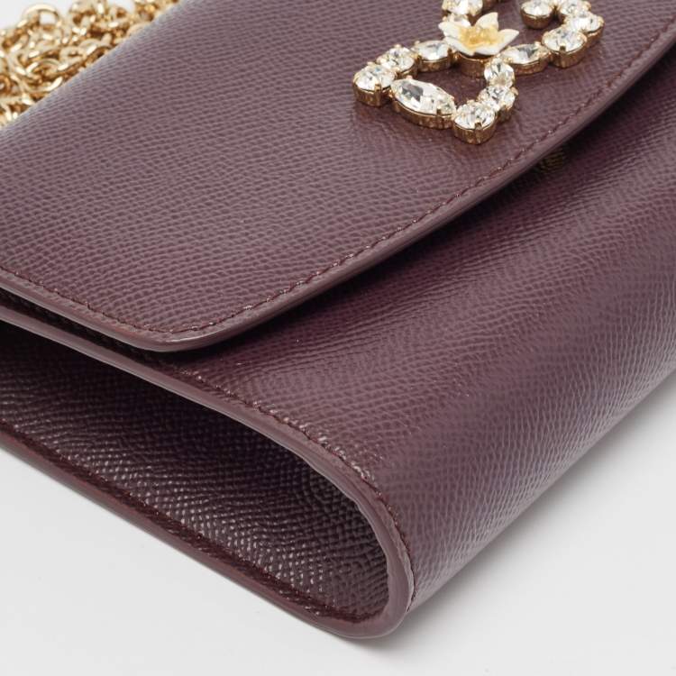 Pre Owned Dolce & Gabbana Purple Leather Crystal Logo Chain Clutch