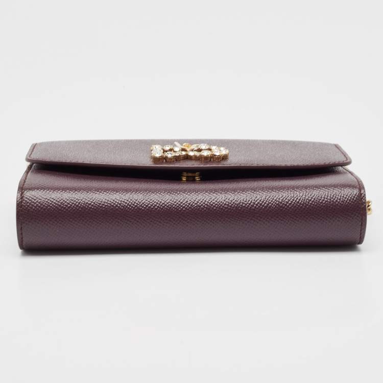 Pre Owned Dolce & Gabbana Purple Leather Crystal Logo Chain Clutch