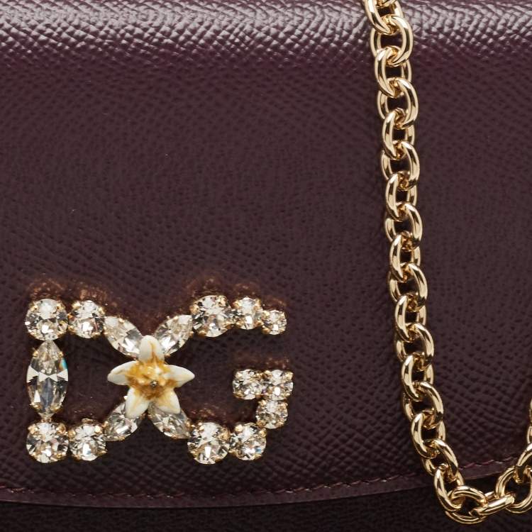 Pre Owned Dolce & Gabbana Purple Leather Crystal Logo Chain Clutch