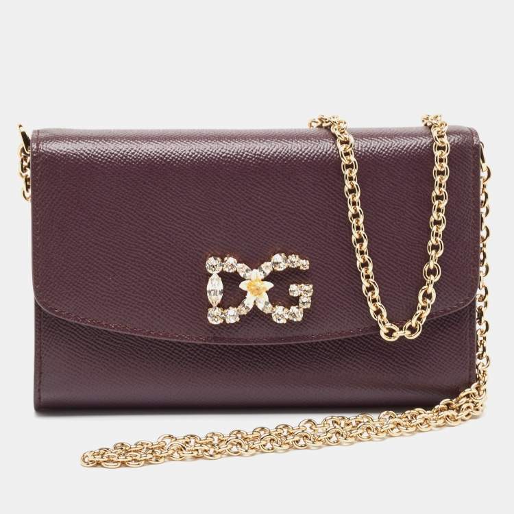 Pre Owned Dolce & Gabbana Purple Leather Crystal Logo Chain Clutch