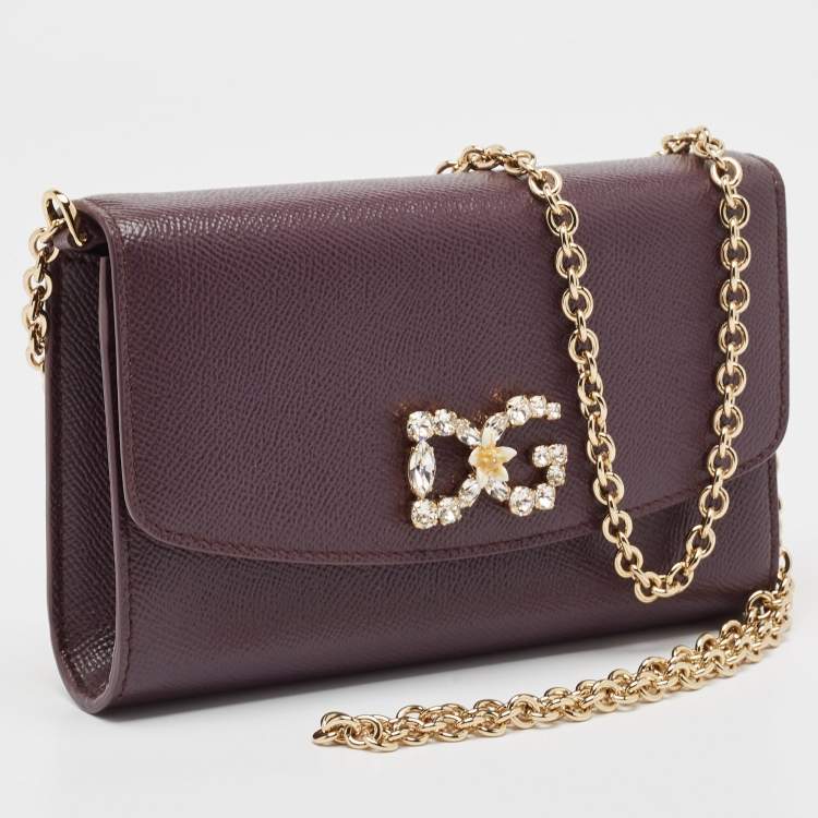 Pre Owned Dolce & Gabbana Purple Leather Crystal Logo Chain Clutch