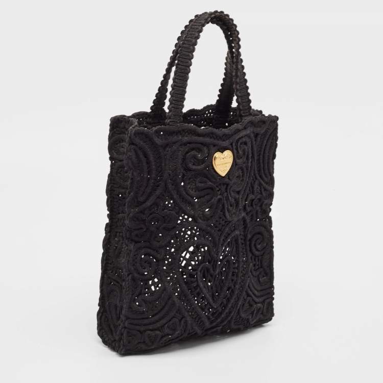 Pre Owned Dolce & Gabbana Black Crochet Fabric Small Beatrice Tote