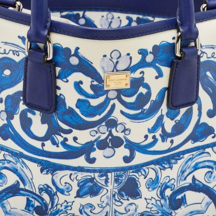 Pre Owned Dolce & Gabbana Blue/White Majolica Print Leather Miss Escape Tote