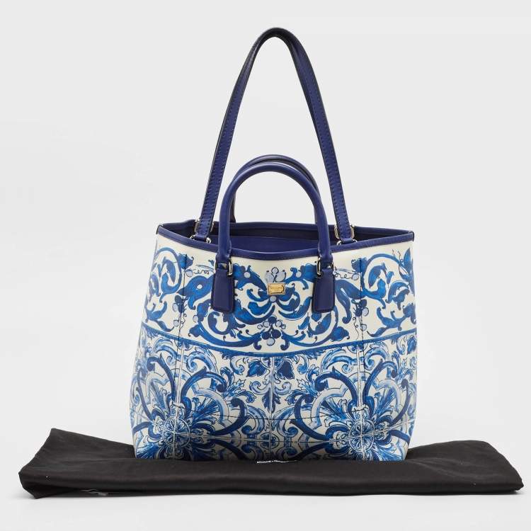 Pre Owned Dolce & Gabbana Blue/White Majolica Print Leather Miss Escape Tote