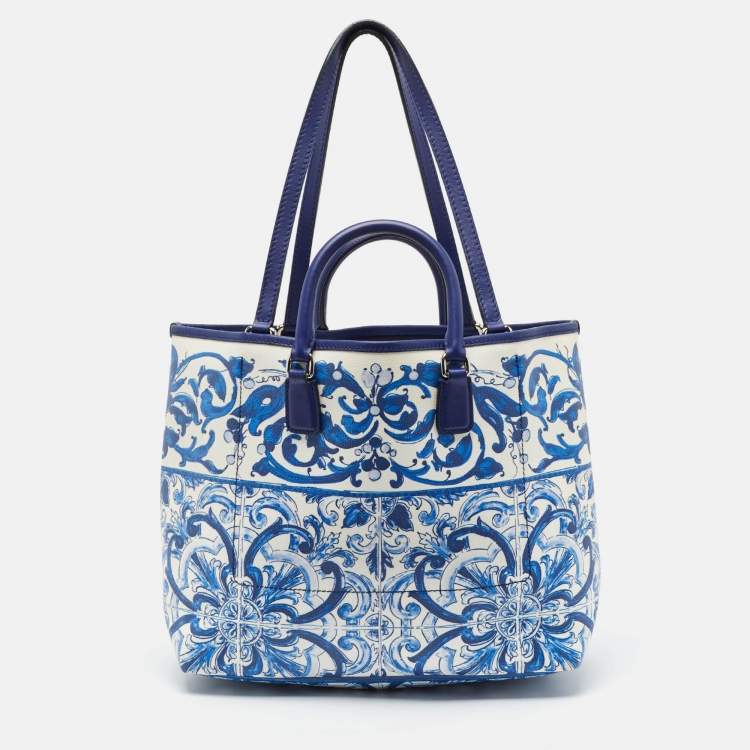 Pre Owned Dolce & Gabbana Blue/White Majolica Print Leather Miss Escape Tote