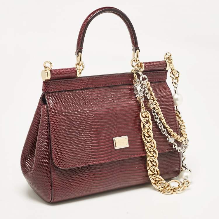 Pre Owned Dolce & Gabbana Burgundy Lizard Embossed Leather Small Miss Sicily Top Handle Bag