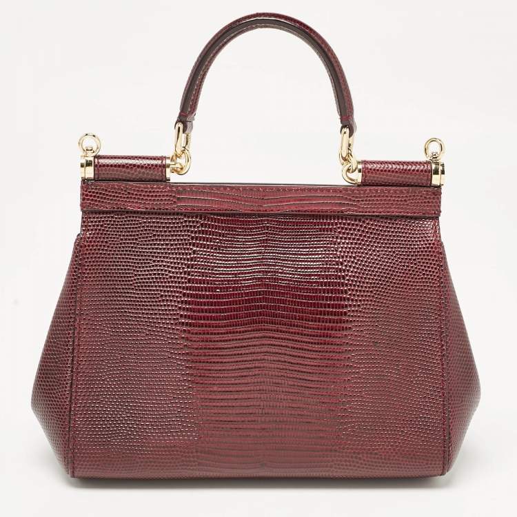 Pre Owned Dolce & Gabbana Burgundy Lizard Embossed Leather Small Miss Sicily Top Handle Bag