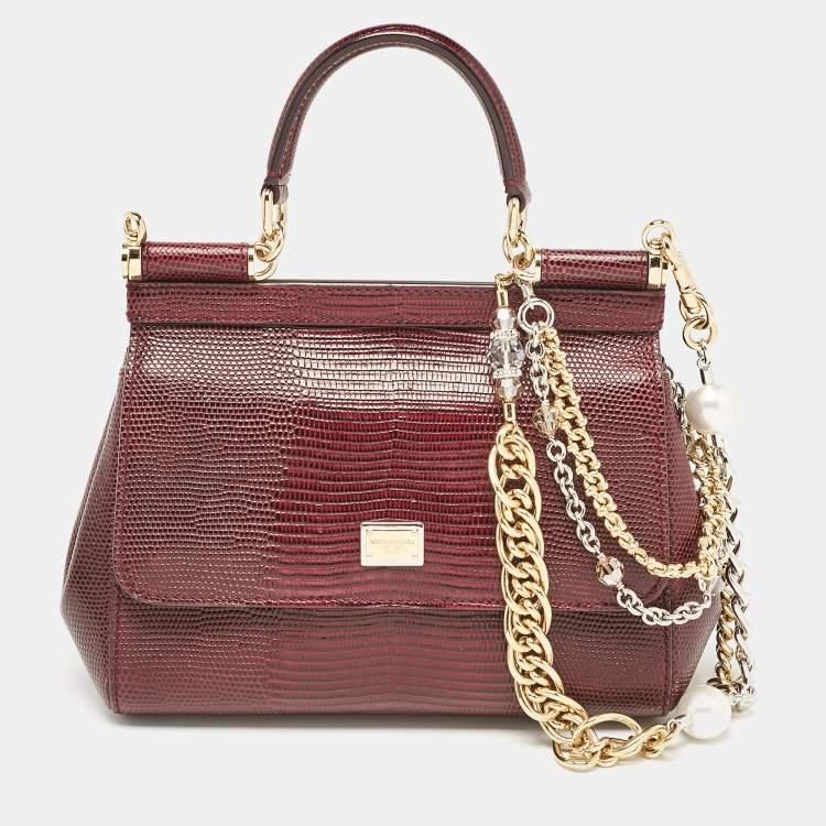 Pre Owned Dolce & Gabbana Burgundy Lizard Embossed Leather Small Miss Sicily Top Handle Bag
