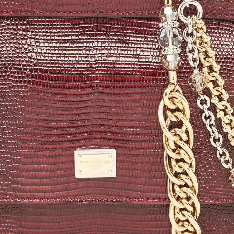 Pre Owned Dolce & Gabbana Burgundy Lizard Embossed Leather Small Miss Sicily Top Handle Bag