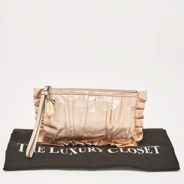 Pre Owned Dolce & Gabbana Rose Gold Leather Ruffle Wristlet Clutch