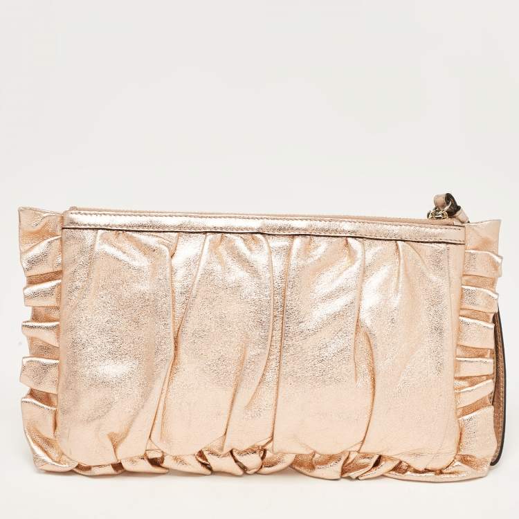 Pre Owned Dolce & Gabbana Rose Gold Leather Ruffle Wristlet Clutch