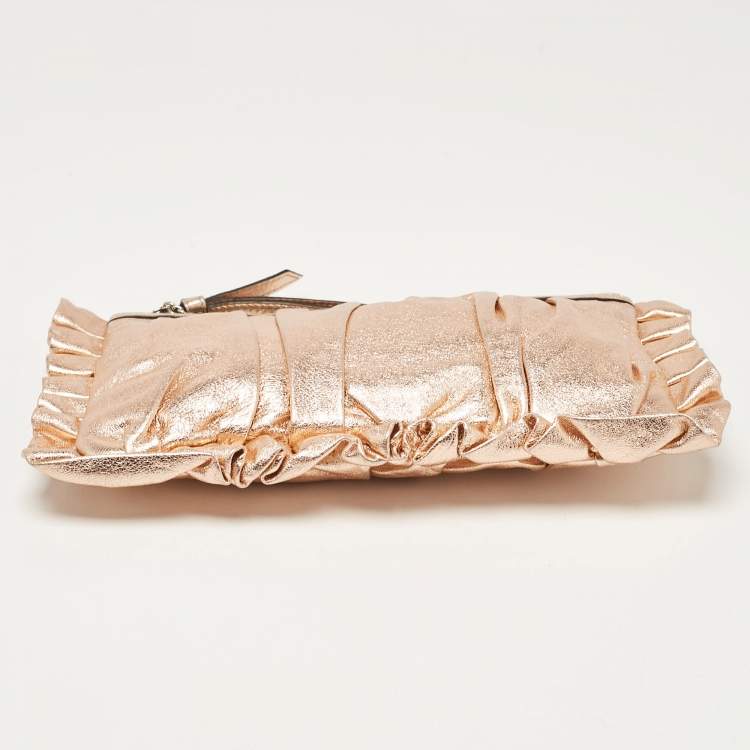 Pre Owned Dolce & Gabbana Rose Gold Leather Ruffle Wristlet Clutch