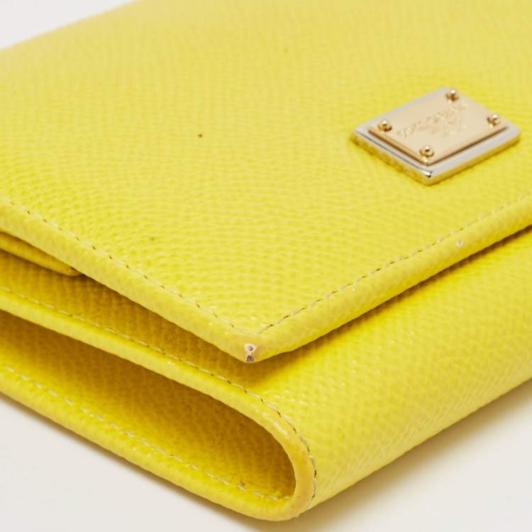 Pre Owned Dolce & Gabbana Yellow Leather Trifold Compact Wallet