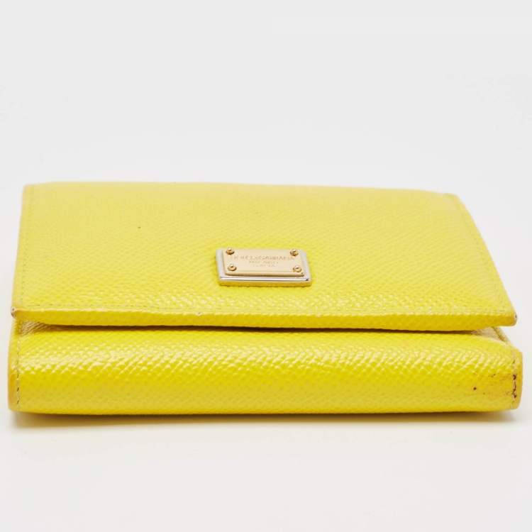 Pre Owned Dolce & Gabbana Yellow Leather Trifold Compact Wallet