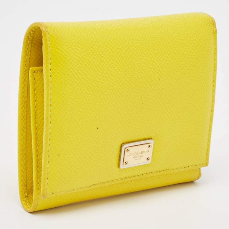 Pre Owned Dolce & Gabbana Yellow Leather Trifold Compact Wallet